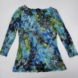 Investments Mesh Top Blue Green Floral Long Sleeve Y2K Aesthetic Burnout M